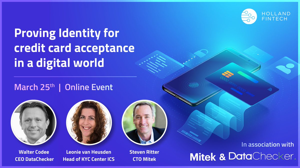 HollandFinTech's tweet photo. 🧠 Want to know more about #digitalidentities? Join "Proving Identity for Credit Card Acceptance in a Digital World", a #MemberOnly event" to deep dive in the topic!
📌Mar 25th, 3.30 PM CET
@miteksystems
#DataChecker
#ICS
Register 👉 👉 https://t.co/14vfMXVSkn https://t.co/s6AShUSkAA