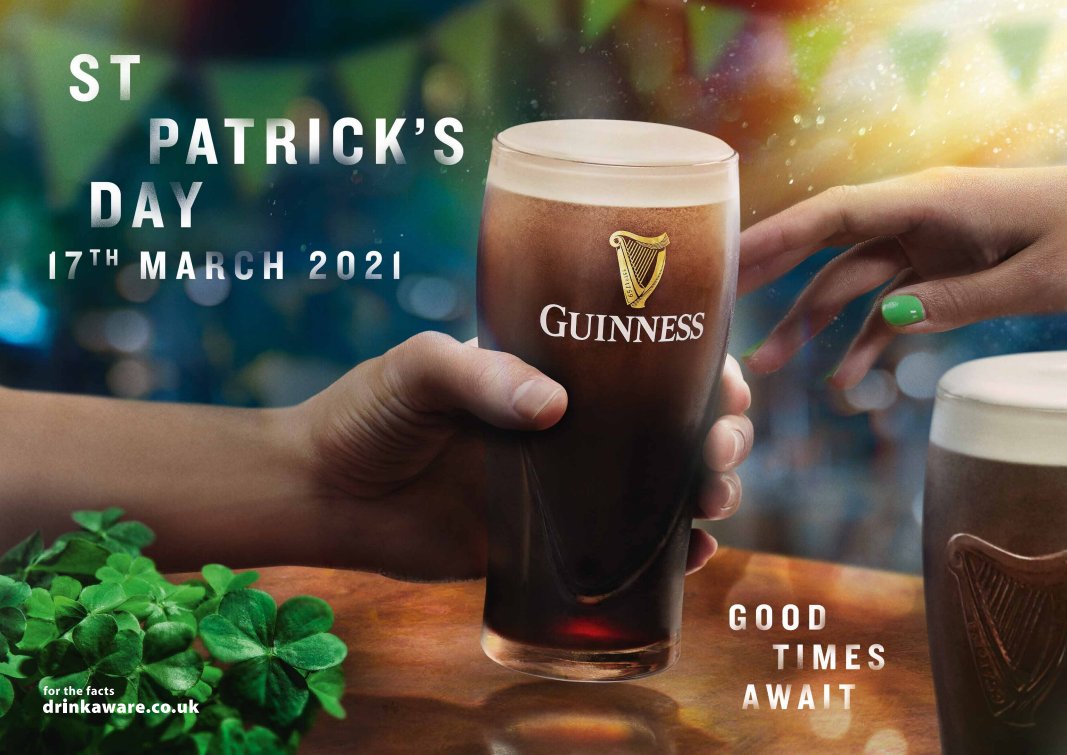 It wouldn't be a St. Patrick's Day ☘️ without a nice, cold pint of Guinness. Although we're unable to enjoy the day with family &amp; friends it shouldn't stop us from toasting to the good times ahead! Cheers! Check out our global St. Patrick's Day work for #Guinness.