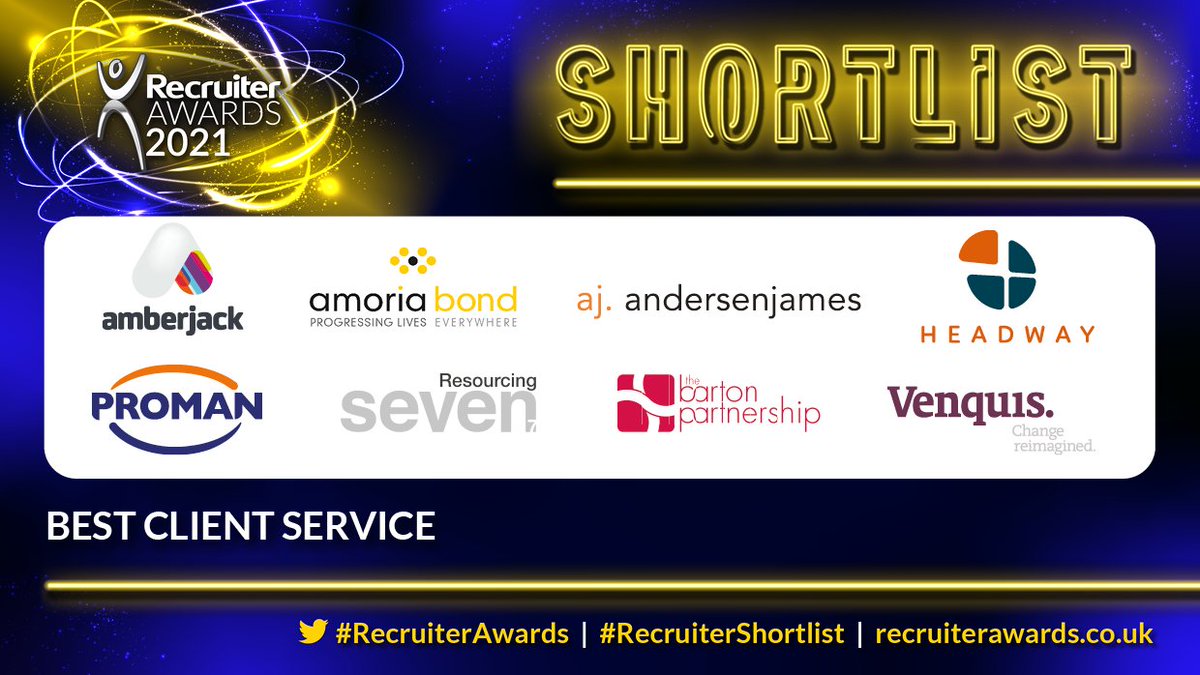 RecruiterAwards's tweet photo. On the #RecruiterShortlist for Best Client Service:
@weareamberjack 
@amoriabond
@AndersenJGroup
@headwayrec
@PromanJobs
@sevenresourcing
@TheBartonPartn1
@venquis
#RecruiterAwards https://t.co/vPz1wKy7Un