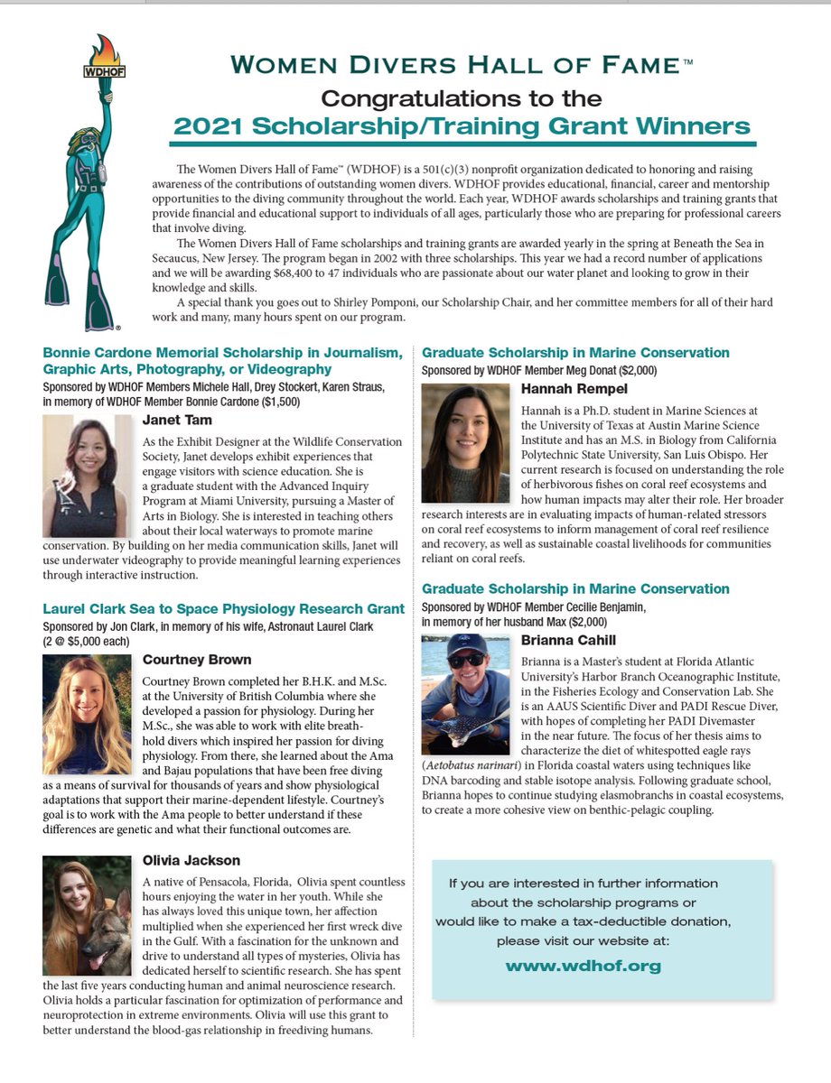TheWDHOF's tweet photo. We are proud to announce the WDHOF 2021 Scholarship & Training Grant recipients. We received 309 applications and awarded $68,400 to 47 individuals who are passionate about our water planet. To learn about each recipient follow us here: https://t.co/HbAT9G5oAb #WDHOF https://t.co/lcEe07SrQE
