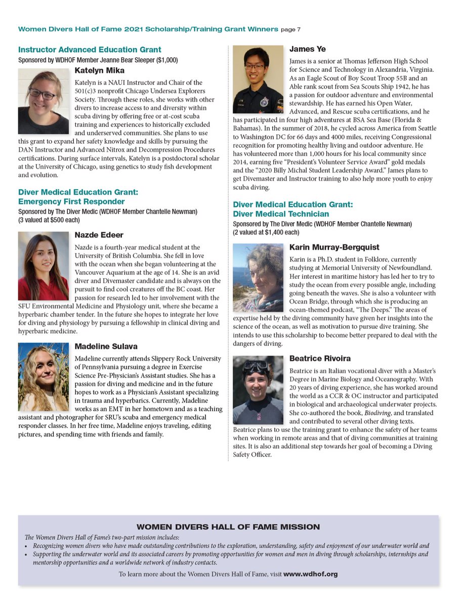 TheWDHOF's tweet photo. We are proud to announce the WDHOF 2021 Scholarship & Training Grant recipients. We received 309 applications and awarded $68,400 to 47 individuals who are passionate about our water planet. To learn about each recipient follow us here: https://t.co/HbAT9G5oAb #WDHOF https://t.co/lcEe07SrQE