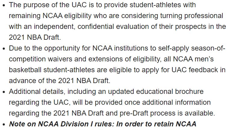 Daily_DCI's tweet photo. Information regarding 2021 NBA Undergraduate Advisory Committee (UAC).
Letter from the NBA regarding the 2021 NBA Undergraduate Advisory Committee (UAC).

https://t.co/LptjHkmEIw

A few highlights from the letter: https://t.co/7z5r8WTzEv