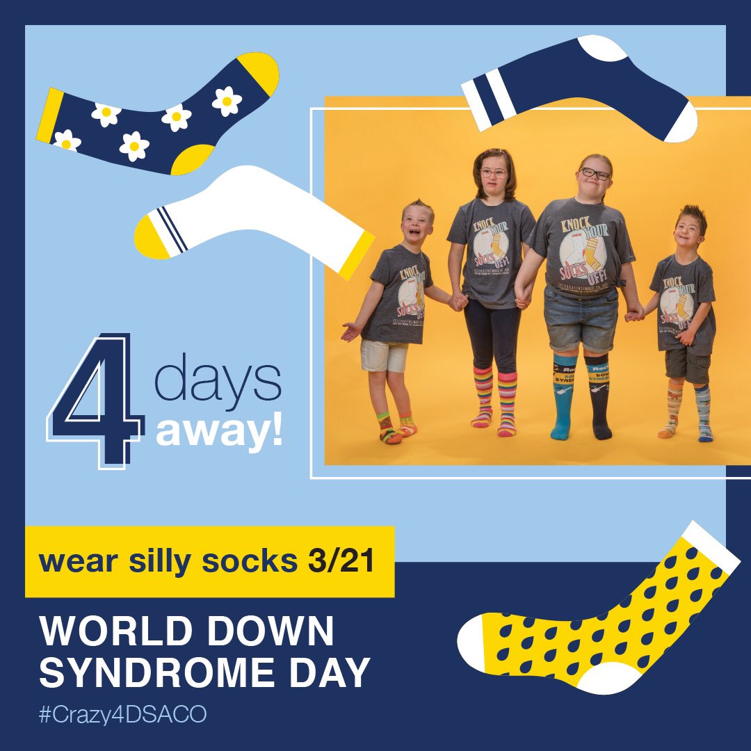 Don’t forget to mark your calendar! 🗓 World Down Syndrome Day is 4 days away, so don’t forget to wear your silly socks! #Crazy4DSCO