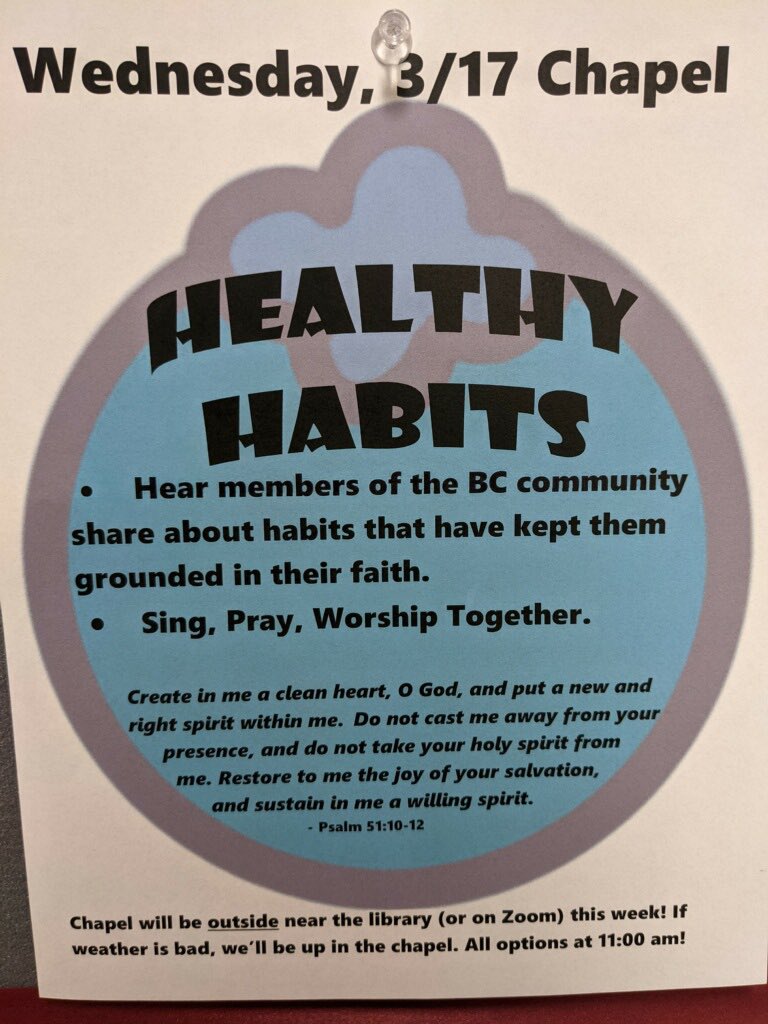 BethelCollegeCM's tweet photo. Come to chapel today to worship in community! We'll hear 2 reflections on healthy habits that have kept each of them grounded in their faith. See you at 11! https://t.co/2mh4sC8Ary