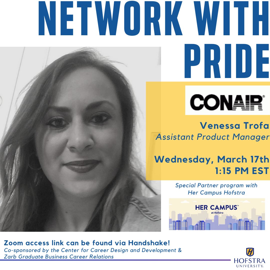 jennacamp's tweet photo. Attention @HofstraU students - Today at 1:15pm, @HofstraCareer and @HCHofstra will feature alumna, Venessa Trofa for #NetworkWithPride. Join us! Stay engaged and build connections @Frank_G_Zarb @HofstraUHCLAS #networking #collegetocareer https://t.co/FlWUF8TdOo