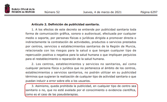 Obs_pseud_COBRM's tweet photo. Desde el COBRM informamos de que en el BORM de 4 de marzo de 2021 queda prohibida la publicidad, en cualquier tipo de centro sea sanitario o no, que no esté avalada por el conocimiento o evidencia científica, como es el caso de las pseudoterapias. https://t.co/VYLZTgD4jm