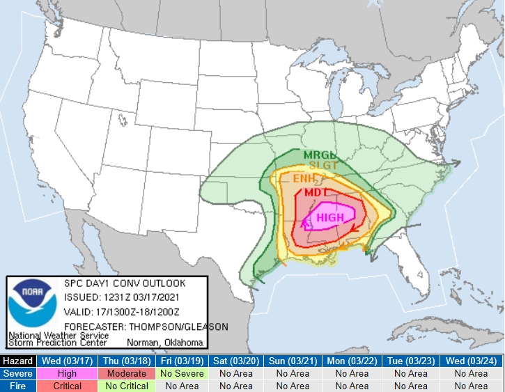 MinuteMan_WX's tweet photo. Severe thunderstorms, hail, and tornadoes are expected across the Southeastern U.S. today. A rare Level 5 out of 5 high risk of severe weather has been issued by the SPC- the first high risk alert in March since 2012. https://t.co/v3Mey4GIso