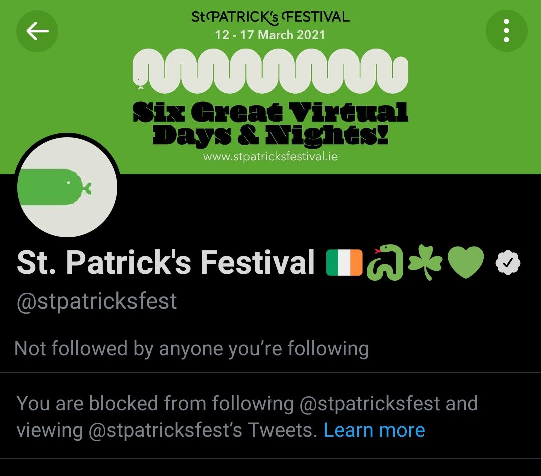 BREAKZCODE1's tweet photo. Blocked by St. Patrick's Festival official Twitter account 🤦♂️
#Snakesout ☘️🐍 🇮🇪 https://t.co/qJKflc1VcP
