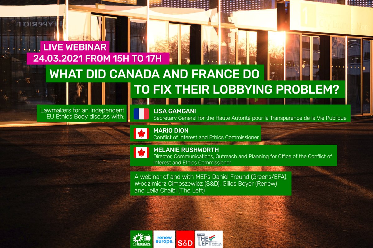 GreensEFA's tweet photo. How are Canada &amp; France dealing with their lobbying problem? What would a good, strong, independent EU
Ethics body look like? 

Join MEPs, @HATVP and @EthicsCanada for a discussion on 24th of March 2021 from 15:00 – 17:00!

Register here: https://t.co/YPDjjKEfm9 #transparentEU https://t.co/pdXePzmCCP