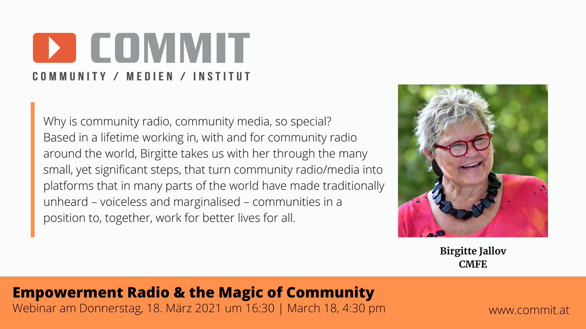 COMMIT_at's tweet photo. #FreieRadios als Empowerment-Plattformen: ein Online-Talk mit @cmfe_eu Präsidentin @BirgitteJallov. Morgen, Donnerstag (18.3.) um 16:30 via Zoom. #communitymedia #empowerment

Infos und Anmeldung ➡️ https://t.co/qLlBA1oxdC https://t.co/gomvyRevp4