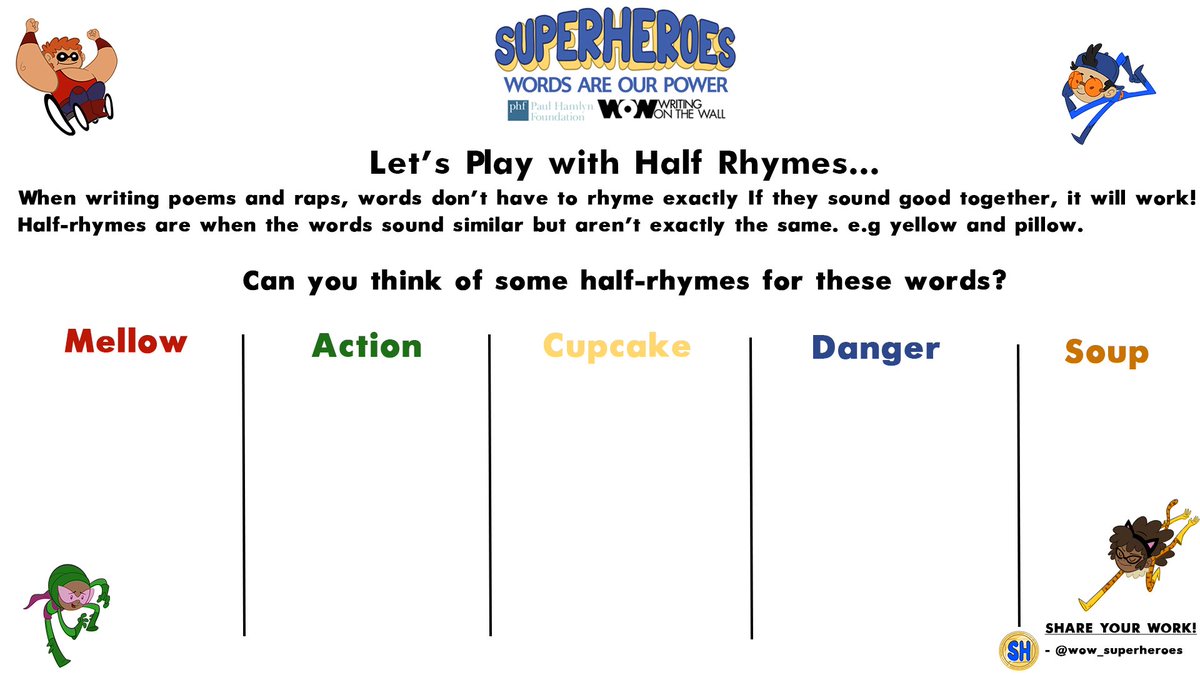 wow_superheroes's tweet photo. Try our resource below inspired by Monday’s top tip! Let’s create some ridiculously rhyming raps and poems. Share your half rhymes below!
#NearRhymeIsNotACrime #RhymingRulers https://t.co/pnW9BLteEl
