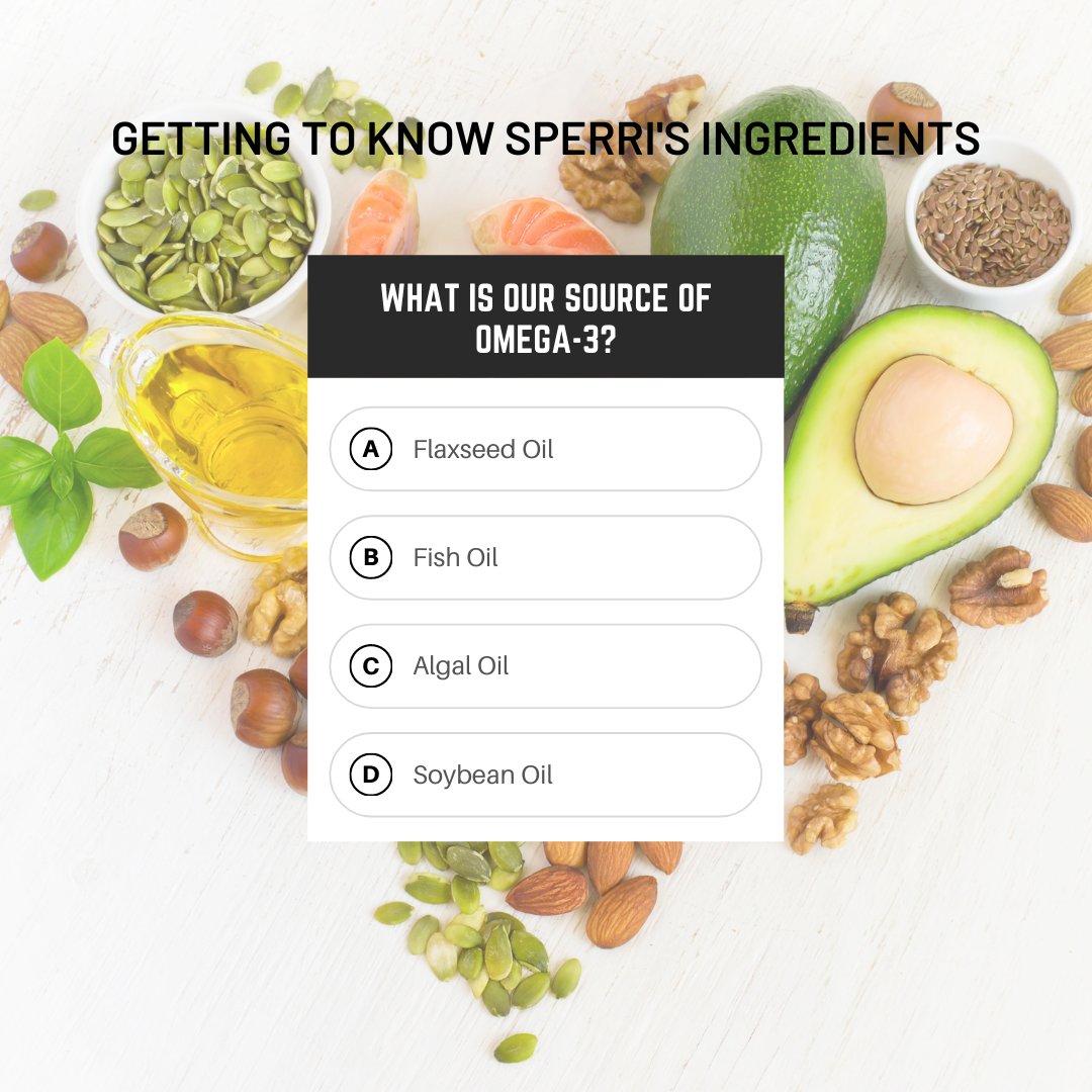 Another #WellnessWednesday question for you!

#Omega3s are an essential part of a healthy diet and provide many benefits! What is Sperri's source of Omega-3?

#dietitians #nutritionmonth #DHA #brainhealth