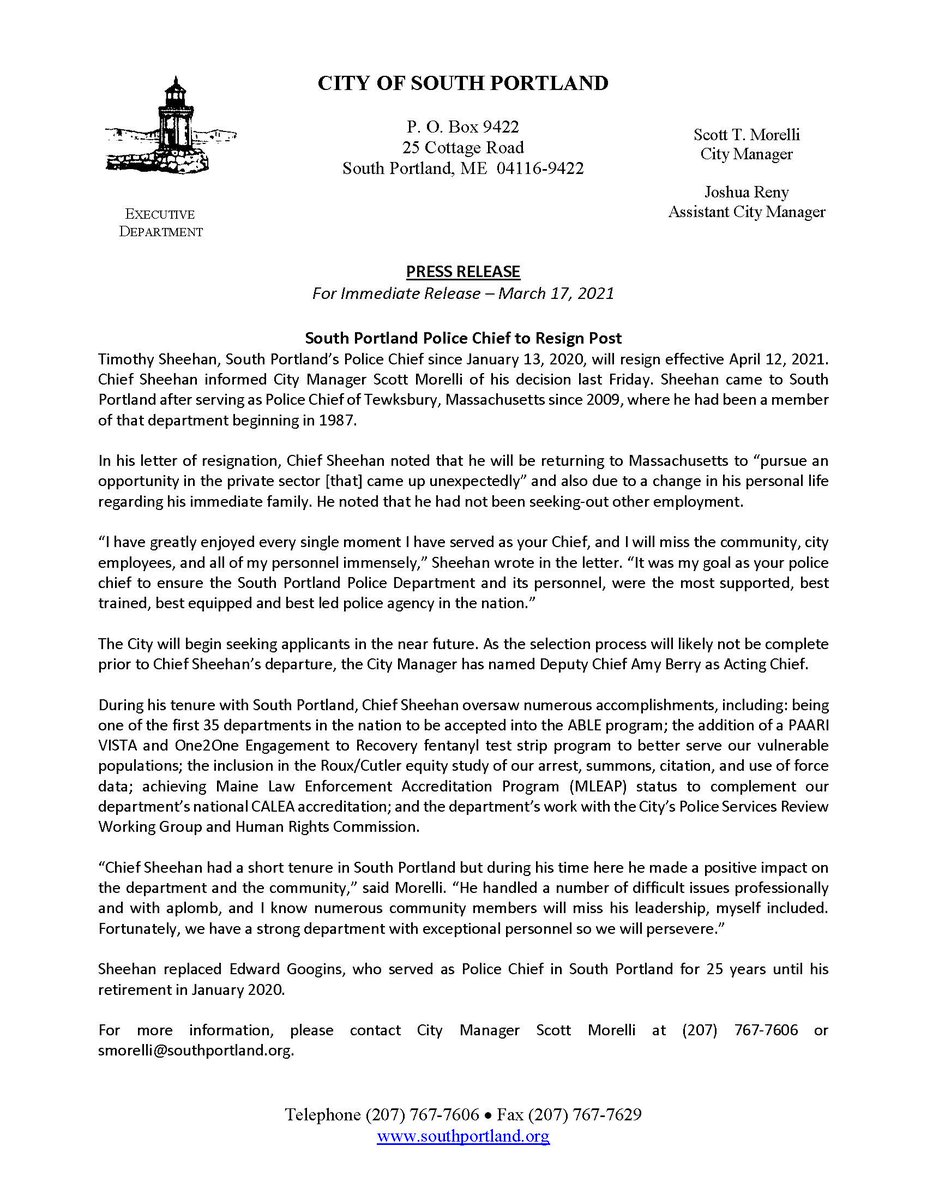 Thank you for your service <a href="/SouthPortlandPD/">South Portland Police</a> Chief Timothy Sheehan. We wish you well.