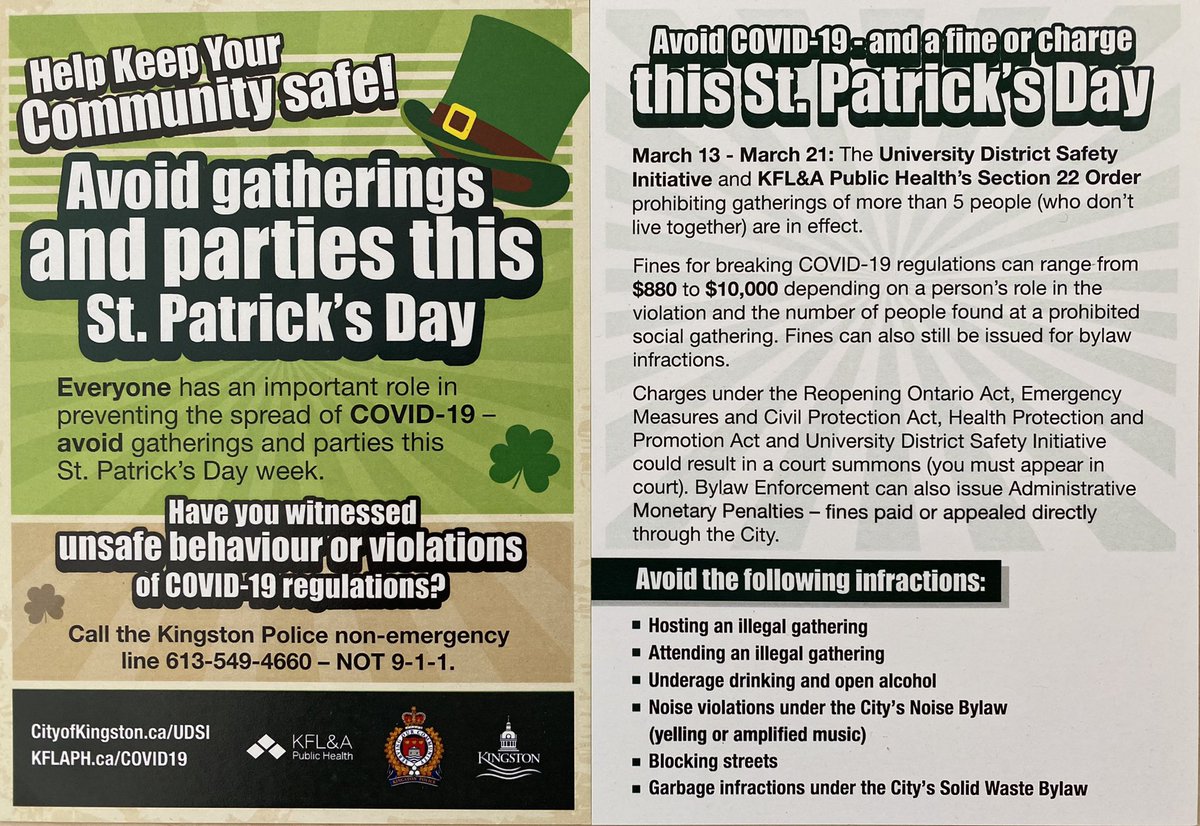 We are out today dedicated to the enforcement of any breaches of Dr. Moore’s <a href="/MOHKFLA/">MOH@kflaph.ca</a> Sec. 22 order and other applicable authorities. No gatherings or events of more than 5 people. Bare minimum of $880 fine for participating and $5,000-$10,000 for organizing/hosting.