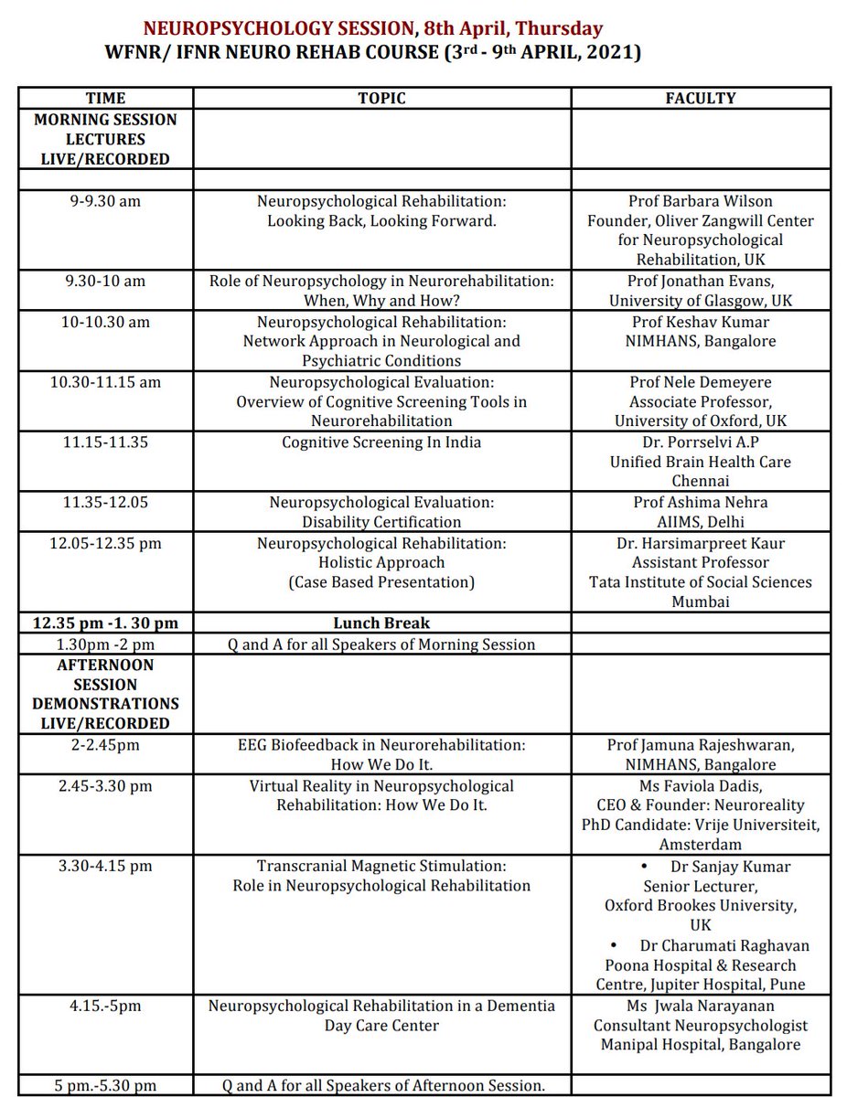 Charu81's tweet photo. Neurorehab conference &amp; teaching course in April organised by the Indian Federation of Neurorehab (in affiliation with World Federation for Neurorehab). 
Particularly excited about neuropsychology day on 8th April!
For more details on registration: 
https://t.co/VfuvDj7DrU https://t.co/807C5vQcXP