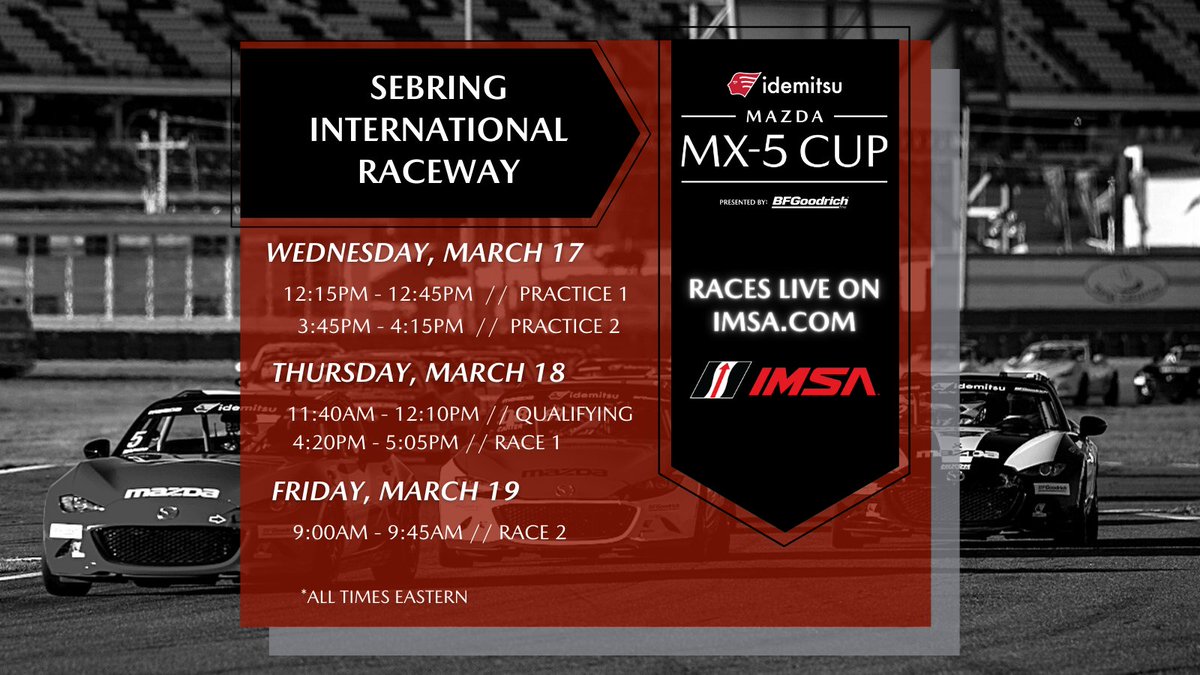 It's time for #MX5Cup track action to begin at @sebringraceway @MazdaRacing | @IdemitsuLubes | @BFGRacing | @performanceflis | @IMSA