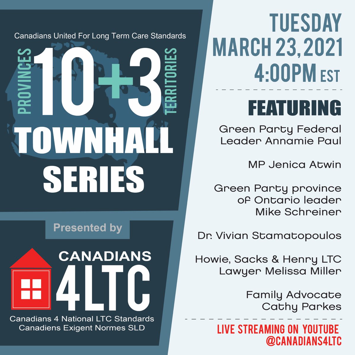 This coming Tuesday, March 23rd, join us as we continue the discussion about national standards for LTC with members of The Green Party. Live on YouTube. #10plus3 #canadians4ltcstandards #LTC #standards #Canada