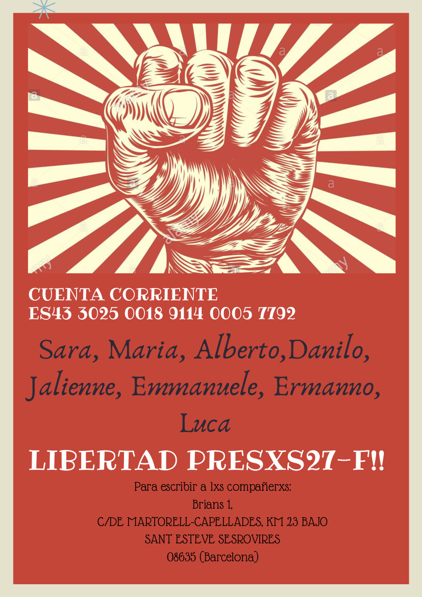 [ Barcelona/Italia] Direccion para escribir a lxs compañerxs italianos presxs en Barna.
IBAN para ingresarles dinero
ift.tt/3rPbMyZ
Extraído de contrainfo
¡SOLIDARIDAD CON LXS ANARQUISTAS PRESXS!