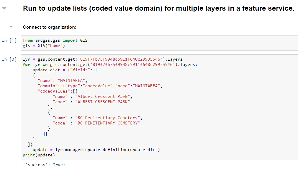 ivesleung's tweet photo. My first time using #ArcGIS Notebooks to manage @ArcGISOnline data. Here's a snippet of my code to update domains for multiple layers in a feature service. This will save me a lot of time from now on! Very happy with the results!😍 https://t.co/mmLc4iUDmB