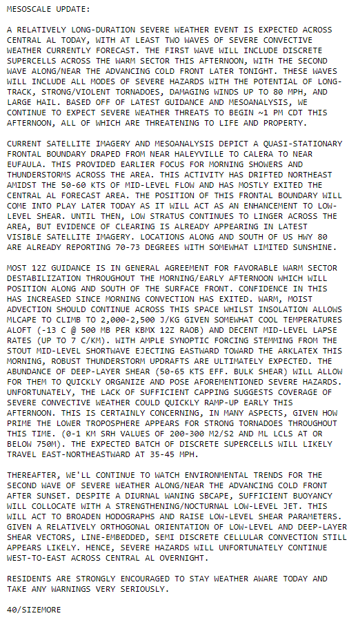 NWSBirmingham's tweet photo. Latest Mesoscale Forecast Discussion regarding current conditions and forecast trends as we go into the afternoon hours: #alwx https://t.co/XXANgQpm3g https://t.co/5pMjp5W2Ur