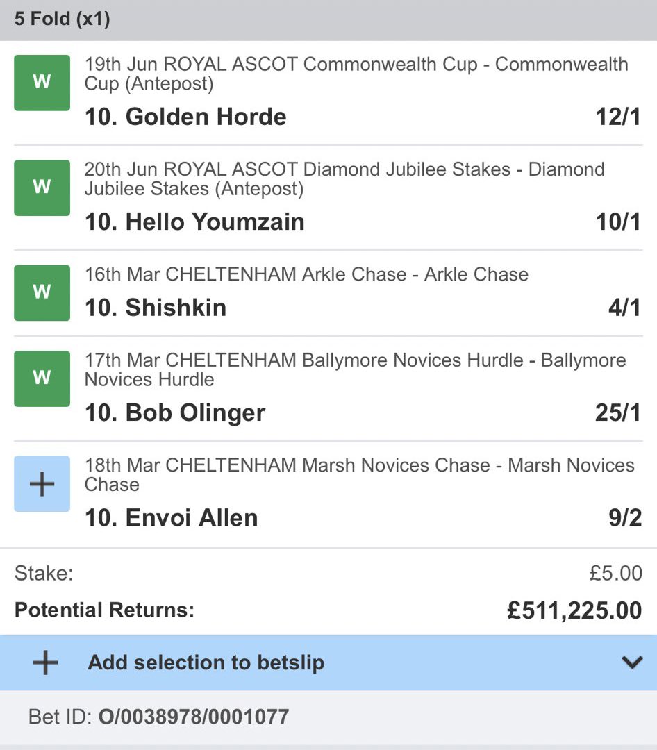 Oh. My. Days. 🤯🤯🤯

If Envoi Allen wins tomorrow this lad will win over HALF A MILLION from a five pound bet. This is absolutely mental!

18+, gamble responsibly.