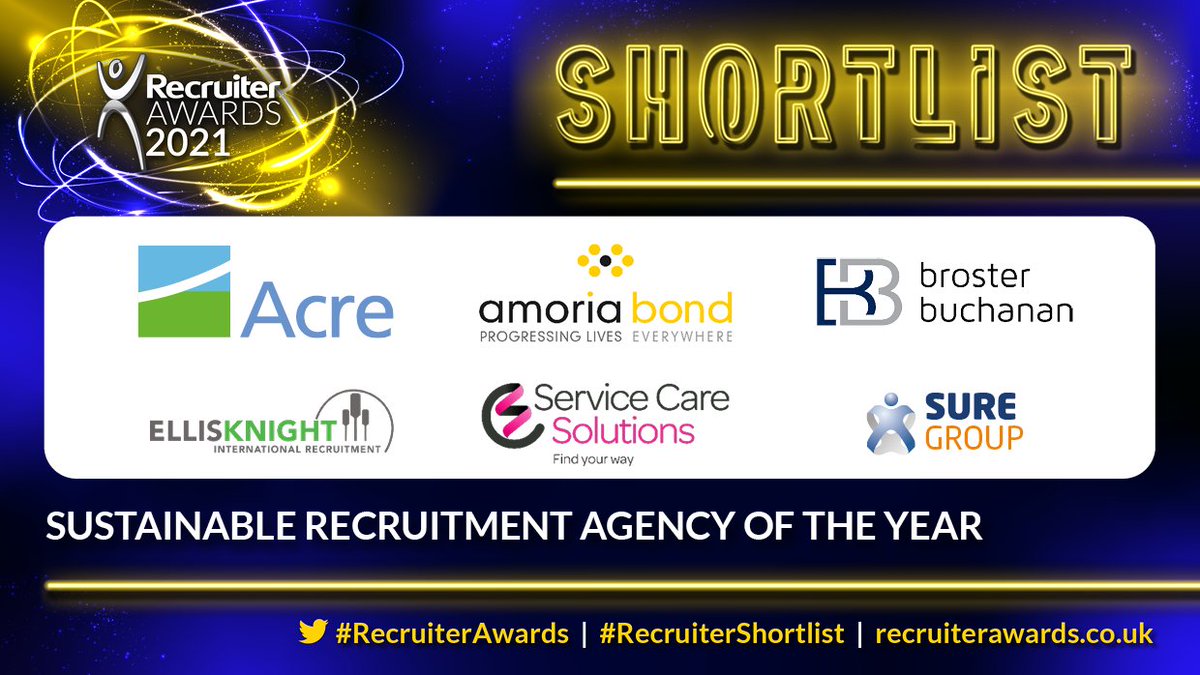 Up next, the #RecruiterShortlist for Sustainable Recruitment Agency of the Year: @acre @AmoriaBond @brosterbuchanan @EllisKnight_IR @servicecarejobs @SureGrpUK #RecruiterAwards