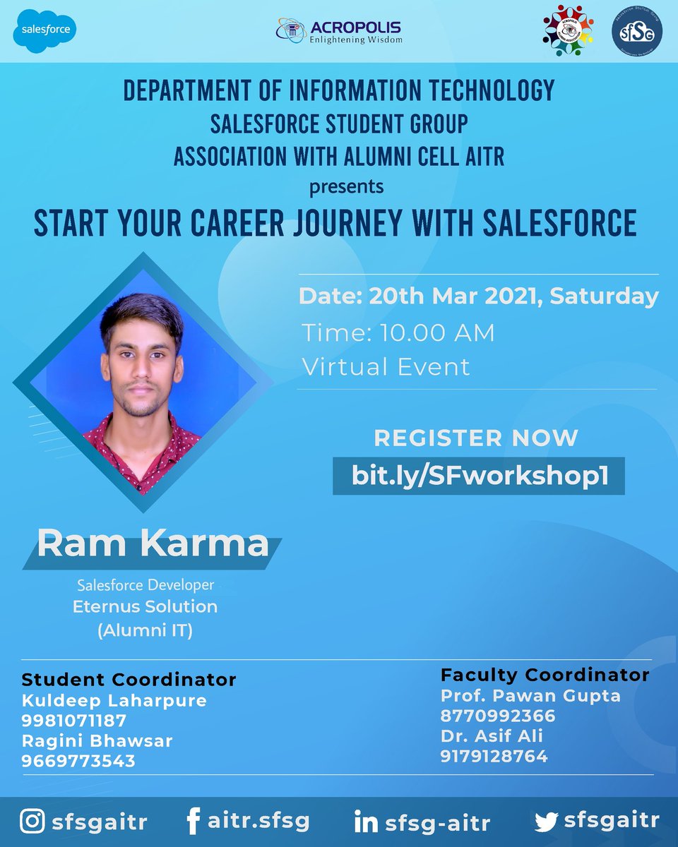 Salesforce Student Group AITR (@sfsgaitr) on Twitter photo We are elated to announce that Salesforce Student Group AITR is coming up with an opportunity to start your Career Journey with <a href="/Salesforce/">Salesforce</a> under the guidance of <a href="/rkarma214/">Ram Karma☁️</a> ✨
Register here: bit.ly/SFworkshop1
Participate and get a chance to win some awesome swags! 🤩 We are elated to announce that Salesforce Student Group AITR is coming up with an opportunity to start your Career Journey with <a href="/Salesforce/">Salesforce</a> under the guidance of <a href="/rkarma214/">Ram Karma☁️</a> ✨
Register here: bit.ly/SFworkshop1
Participate and get a chance to win some awesome swags! 🤩