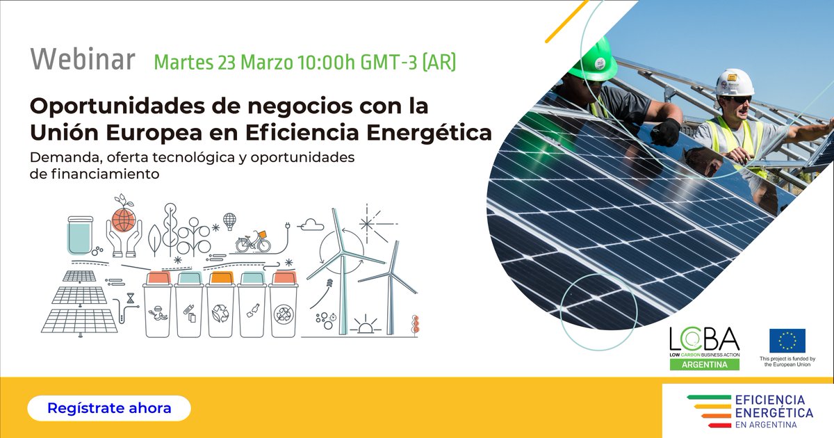 El 23/3 los invitamos a participar de este encuentro organizado por <a href="/EE_Argentina/">Eficiencia Energética en Argentina</a> y <a href="/LowCarbonLATAM/">LCBA in Argentina, Brazil, Chile and Colombia</a> donde se analizarán necesidades tecnológicas y oportunidades de negocio relacionadas con la #economíacircular y baja en carbono entre 🇦🇷 y 🇪🇺.
Más info 👉 bit.ly/3rX1dtO