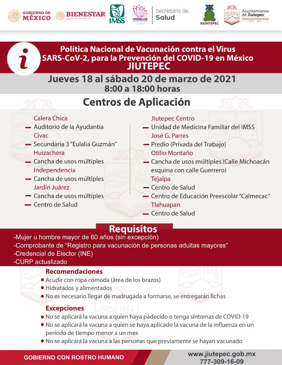 #Almomento

ASÍ SERÁ LA VACUNACIÓN EN JIUTEPEC 

Autoridades de Jiutepec anunciaron las sedes de aplicación de vacuna VS COVID19. Iniciarán a partir de mañana 18 de marzo y hasta el lunes 22 de marzo