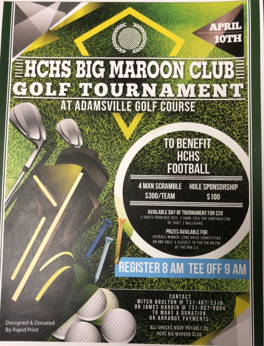 HCTigerFootball's tweet photo. The Hardin Co Football team golf scramble fundraiser is set for April 10 at Shiloh Golf Course. See the flyer for more info. Come out and support the Tigers! https://t.co/jBat3UsS5k