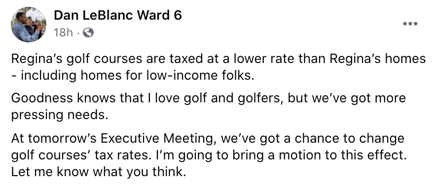 Anti-energy activist #yqr city councillor Dan Leblanc now wants to cancel golf courses.

#skpoli #yqrcc