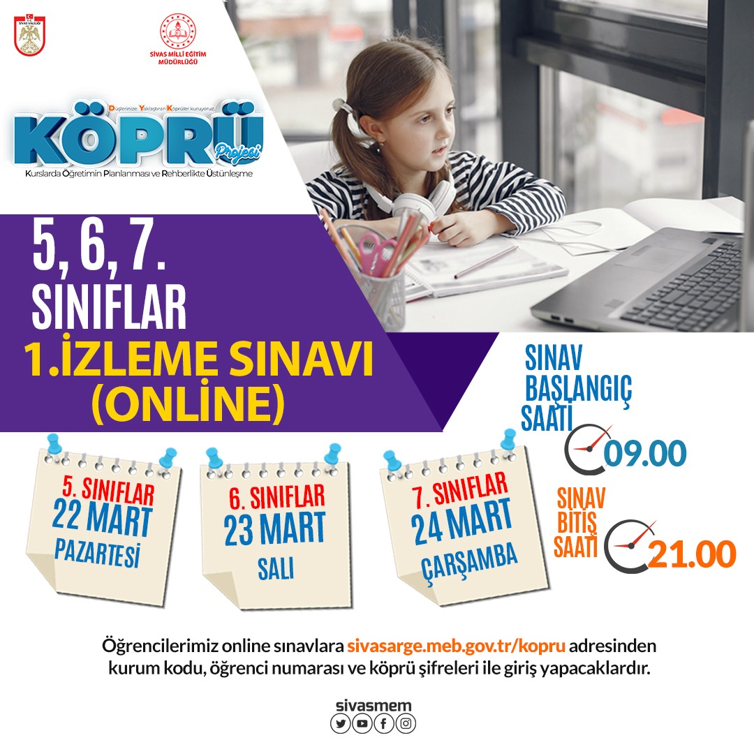 sivasmem's tweet photo. KÖPRÜ Projesi kapsamında il genelindeki 5. 6. ve 7. Sınıf öğrencilerimiz için uygulanacak olan 1. İzleme Sınavına (Online) katılacak tüm öğrencilerimize başarılar dileriz.

@tcmeb @ziyaselcuk @valisalihayhan @ebubekirsavasci @KopruSivas https://t.co/pOp1Rkvooy