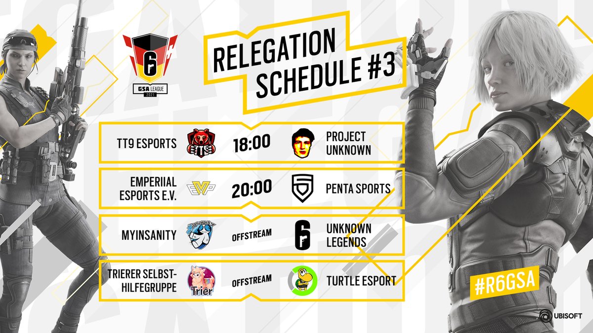 R6esportsDE's tweet photo. Wer setzt seine Siegesserie fort, wer steigt ins Lowerbracket ab und wer scheidet heute ganz aus? 

@TT9r6 🆚 #ProjectUnknown
@Emperiial 🆚 @PENTA_Sports 
@mYinsanityCH 🆚 #UnknownLegends
@TrierR6S 🆚 @Turtle_eSport 

🕐 18:00 CET

Live auf Twitch:
▶️ https://t.co/9cMxT0pK1C https://t.co/dUOoWjTQ9S
