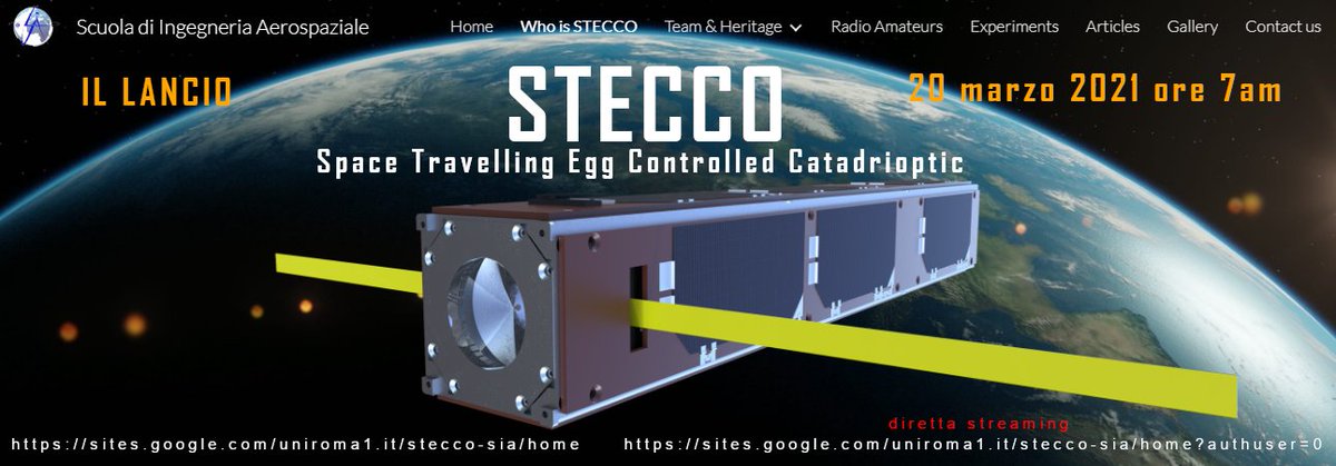 SpaceSapienza's tweet photo. STECCO - il lancio
Sabato 20 Marzo 2021 alle 7 am ora di Roma lo Space Travelling Egg-Controlled Catadioptric Object (STECCO) sarà lanciato dal vettore Soyuz-Fregat dal cosmodromo di Baikonur.
Segui la diretta streaming del lancio dal sito web di STECCO:
https://t.co/fhCC9Mlpx0. https://t.co/OW437iZtf5
