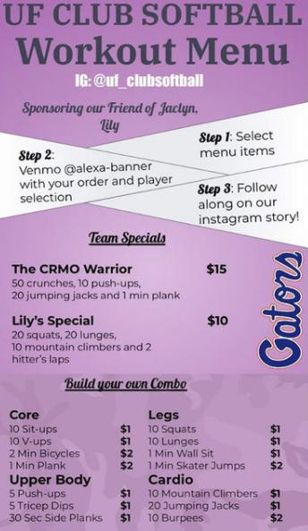 UFSportClubs's tweet photo. @UFClubSoftball  is having another workout fundraiser! All proceeds go directly to their Friend of Jaclyn and CRMO Warrior Lily!!

You can purchase individual or team workouts by sending a venmo payment to @ Alexa-banner with what you want to purchase! 💜 https://t.co/Bos7d3xjJ7