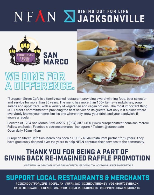 NFAN_JAX's tweet photo. Thank you @estreetcafe San Marco for being a part of NFAN/DOFLJax Giving Back Re-Imagined Six Month Raffle Promotion. They have graciously donated over the years to help NFAN continue their services to the community. #supportlocalrestaurant  https://t.co/3OI6ZoS3fw #nfanjax https://t.co/dECCuDuoKS