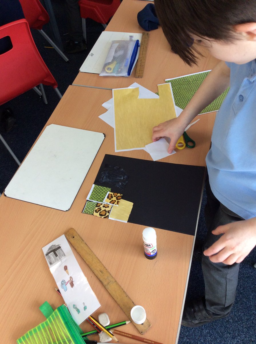 Class5CB's tweet image. In Art we have been exploring different animal prints and created our own collage of prints using cutting and ripping techniques. We then used different media to re-create the patterns to see which media gave us the best result!! #Art #exploringmedia #animalprint #collageart