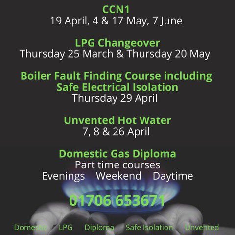 Check out our upcoming gas courses. Remember ACS reassessment can be taken up to 6 months before the expiry date without any loss of qualifications. Ring 01706 653671 for more details. #gas #lpg #newcareer #ACS