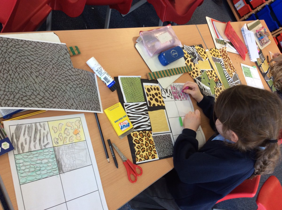 Class5CB's tweet image. In Art we have been exploring different animal prints and created our own collage of prints using cutting and ripping techniques. We then used different media to re-create the patterns to see which media gave us the best result!! #Art #exploringmedia #animalprint #collageart