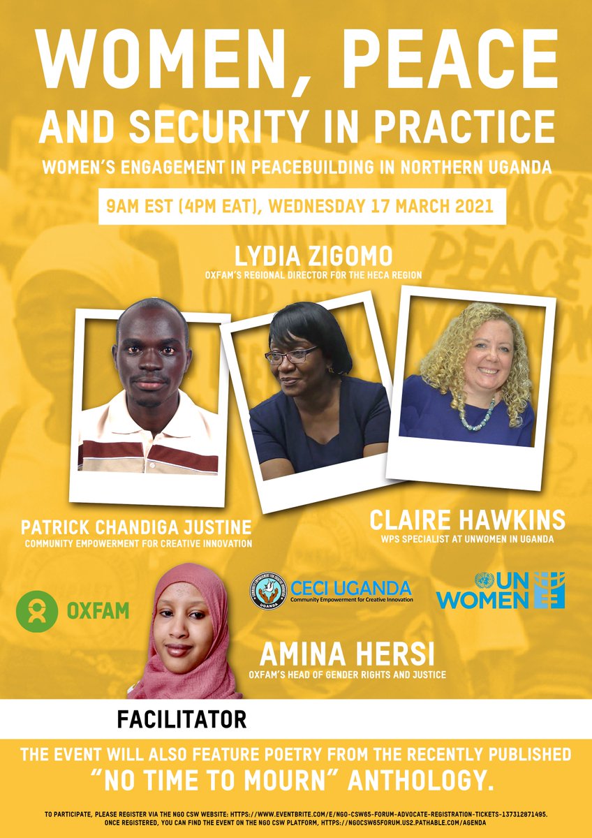 It was such a pleasure facilitating today’s #NGOCSW65VirtualForum event on “WPS in Practice – Looking at women’s engagement in peacebuilding in Northern #Uganda ' 

Below is a thread of the key discussions and outcomes from the webinar event that really stuck with me.
#CSW65