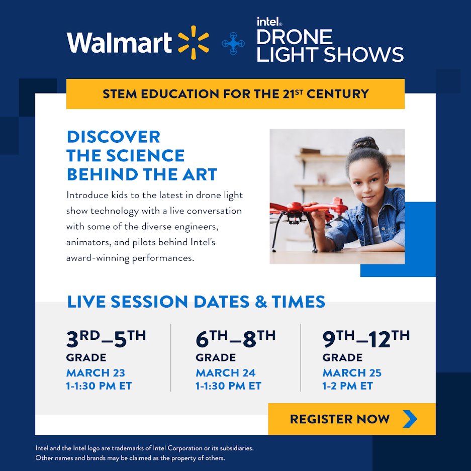 LatinoCoalition's tweet photo. On March 23-25, @Walmart & @intel invites young learners and the young at heart to join in a LIVE virtual STEM session that will discover the science behind the art of drone light shows. Register at https://t.co/HEy0ULL8gk #Walmart #inteldrones #inteldronelightshows #MejorContigo https://t.co/fHJckZ8GNO
