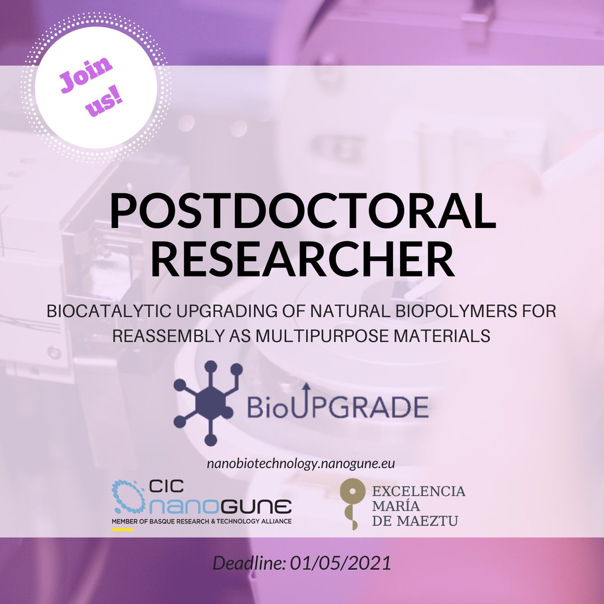 nanoGUNE's tweet photo. 🆕  POSTDOCTORAL Researcher #OPENPosition to work at the #Nanobiotechnology Group.
#BioUPGRADE
✳️  More info: https://t.co/KfMYBpV52N https://t.co/dosl5rAyA5