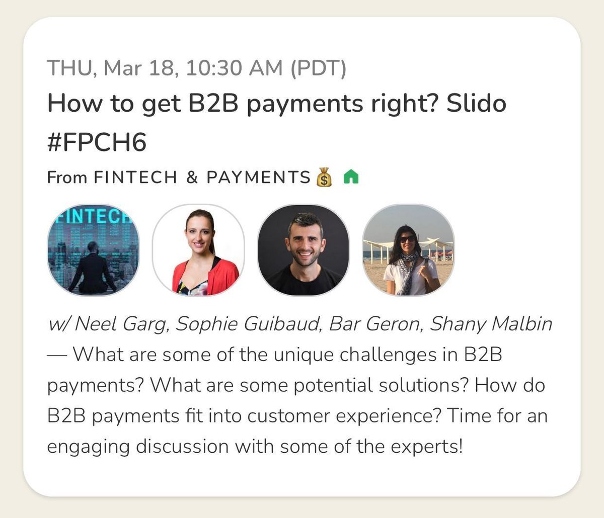 Balance (@getbalancehq) on Twitter photo So how DO you get b2b payments right? @shanymalbin Head of Payment Strategy <a href="/fiverr/">Fiverr</a> will weigh in w/ <a href="/bargeron/">homer bargeron</a> & other experts! Drop by @joinclubhouse tomorrow, March 18 at 1:30PM ET! Send questions via app.sli.do/event/nrdjw8kj…. @FinTech_Nerd <a href="/SophieGuibaud/">Sophie Guibaud</a> #b2bpayments So how DO you get b2b payments right? @shanymalbin Head of Payment Strategy <a href="/fiverr/">Fiverr</a> will weigh in w/ <a href="/bargeron/">homer bargeron</a> & other experts! Drop by @joinclubhouse tomorrow, March 18 at 1:30PM ET! Send questions via app.sli.do/event/nrdjw8kj…. @FinTech_Nerd <a href="/SophieGuibaud/">Sophie Guibaud</a> #b2bpayments