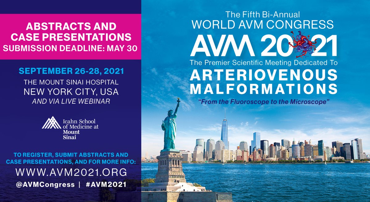 NOW ACCEPTING ABSTRACTS ‼️ Abstracts and case presentations for #AVM2021 can be submitted online through May 30. Visit avm2021.org to submit, register for the conference, and more! @MountSinaiNeuro @MountSinaiCVC @IcahnMountSinai #AVM