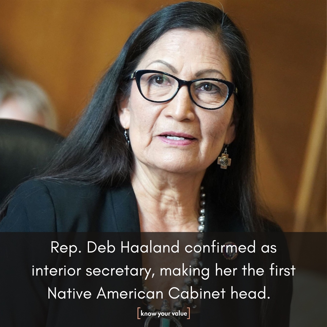 KnowYourValue's tweet photo. The Senate on Monday confirmed New Mexico Rep. Deb Haaland as interior secretary, making her the first Native American to lead a Cabinet department and the #firsttolead the federal agency that has wielded influence over the nation’s tribes for more than nearly two centuries. 🙌 https://t.co/l4uEr7hdg6
