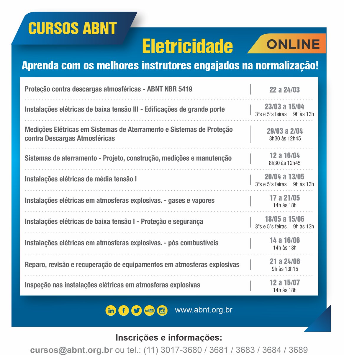 abnt_oficial's tweet photo. Cursos ABNT!
#abnt #normastécnicas #cursoonline #cursoABNT #normabrasileira #normainternacional #normaABNT #normaISO #normalizacao #eletricidade #atmosferasexplosivas #instalaçõeseletricas #descargasatmosfericas #aterramento https://t.co/sjkkWq6pPR