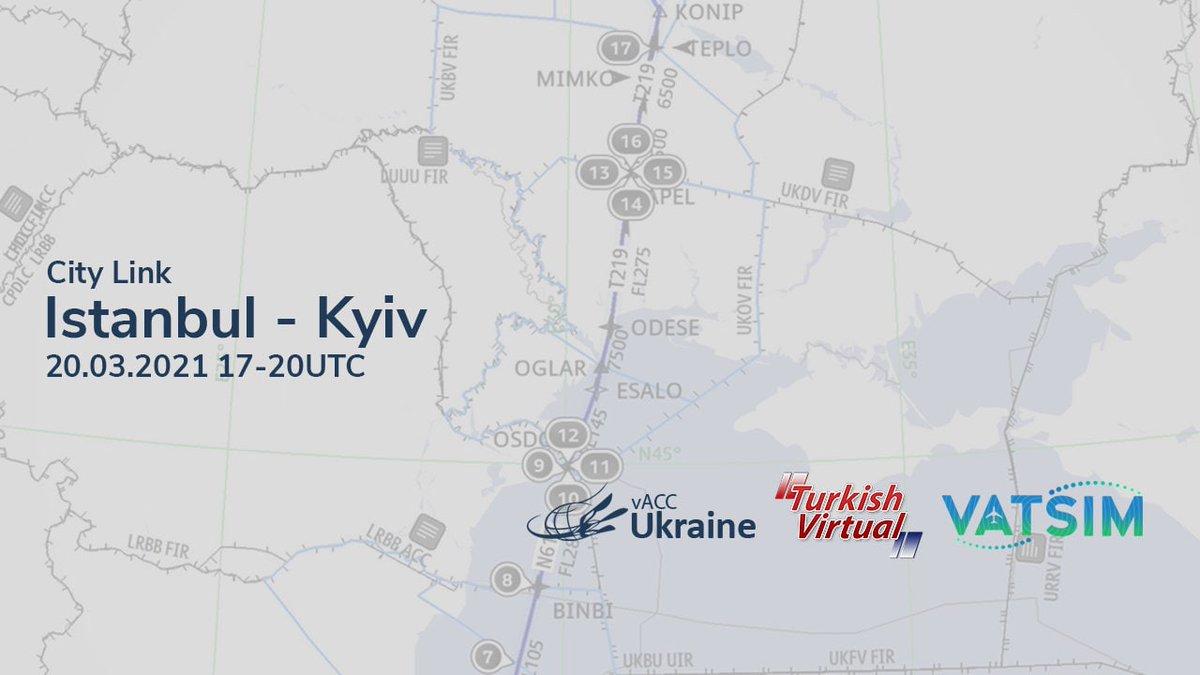 Dear pilots!
On Saturday, March 20th, in the period between 17-20UTC, vACC Ukraine together with Turkish Virtual invite you to participate in the City Link between Istanbul and Kyiv.
Details: vats.im/ua/istanbul-ky…