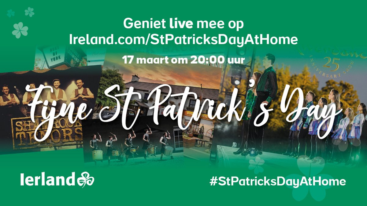 Vier jij St. Patrick's Day met ons mee vanavond? Om 20:00 uur, live vanuit drie van Ierlands populairste pubs, zenden we een geweldige, interactieve St Patrick’s Day show uit vol Ierse muziek &amp; dans ☘️  #StPatricksDayAtHome #HappyStPatricksDay