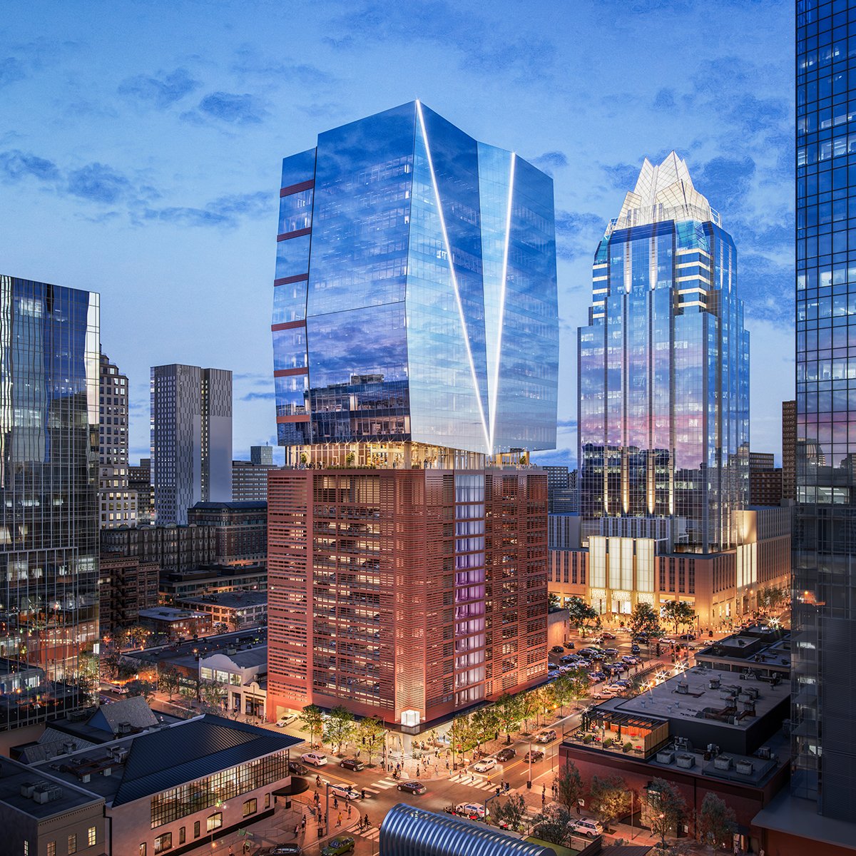DudaPaine's tweet image. Three of our projects are located on the same block in Austin, Texas. If you live in Austin, you might have seen 405 Colorado Tower under construction. Swipe to see renderings of the exterior and interior elevated lobby. #dudapaine #architecturediagram #405colorado