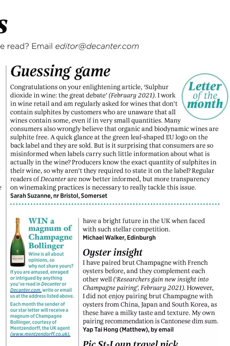 MrsSarahSuzanne's tweet photo. Very pleased to get letter of the month in the latest issue of @Decanter. A very interesting article on sulphur dioxide in wine in last month's edition prompted my comments. #winelabelling #sulphitesinwine #goodwinemaking https://t.co/PUljm0Iv7s